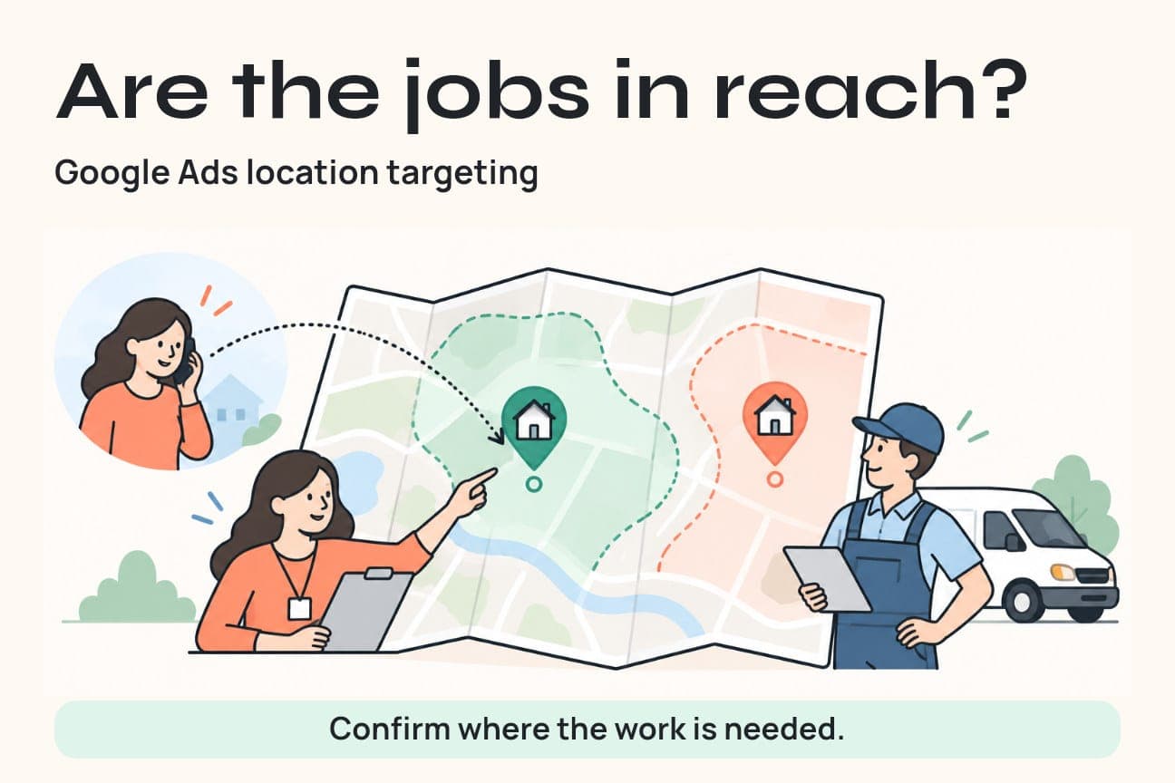 A dispatcher and trades technician compare job locations on a conceptual service-area map while a remote customer calls.