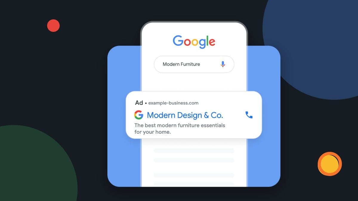 A Google Search ad for a furniture company on a phone. Original Google demonstration with its labels and controls preserved.