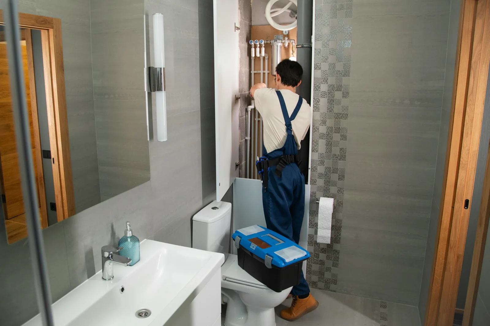 Plumber working in a residential bathroom
