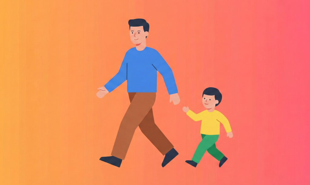 Illustration of a father and young son walking side by side against a warm orange-to-pink gradient background.