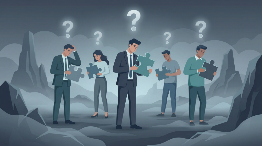 A group of confused professionals holding mismatched puzzle pieces in a foggy landscape.