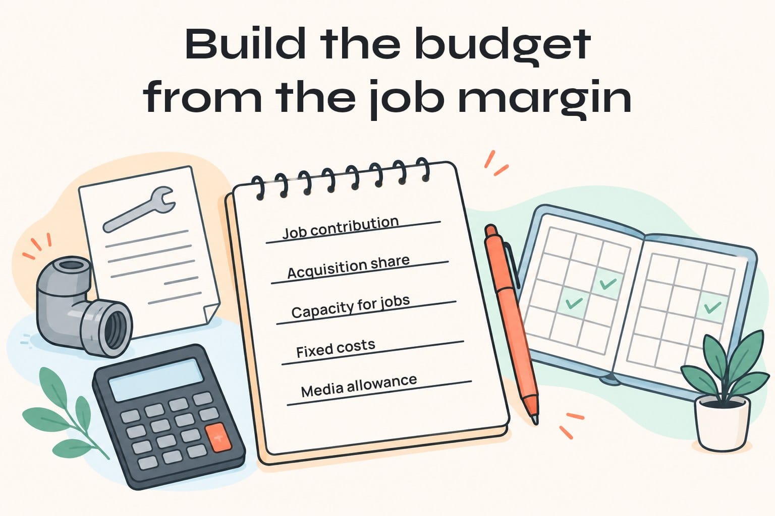 A budget notebook lists job contribution, acquisition share, capacity, fixed costs and media allowance beside a calculator and calendar.