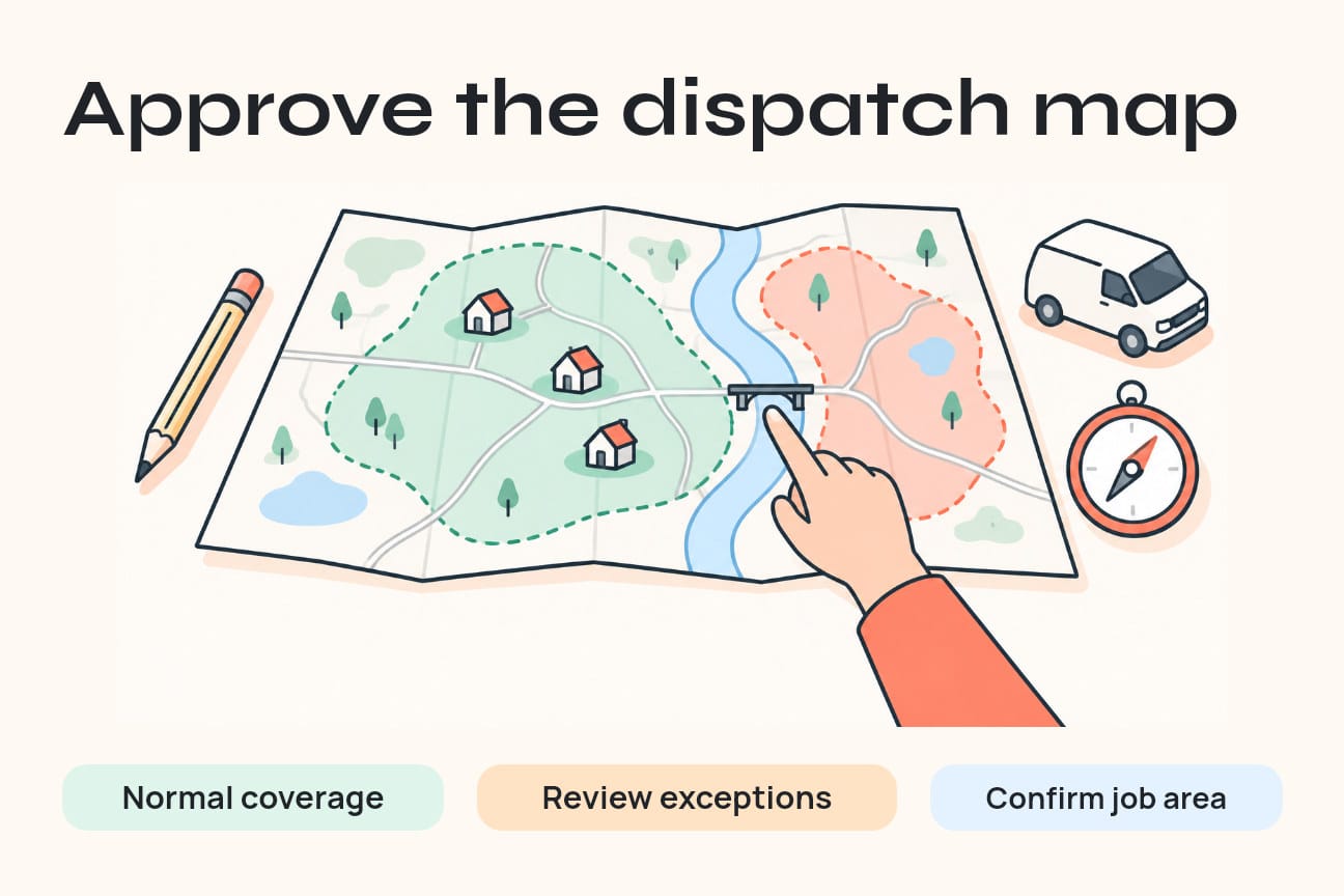 A hand points to a bridge on a conceptual dispatch map with normal coverage and an area requiring review.