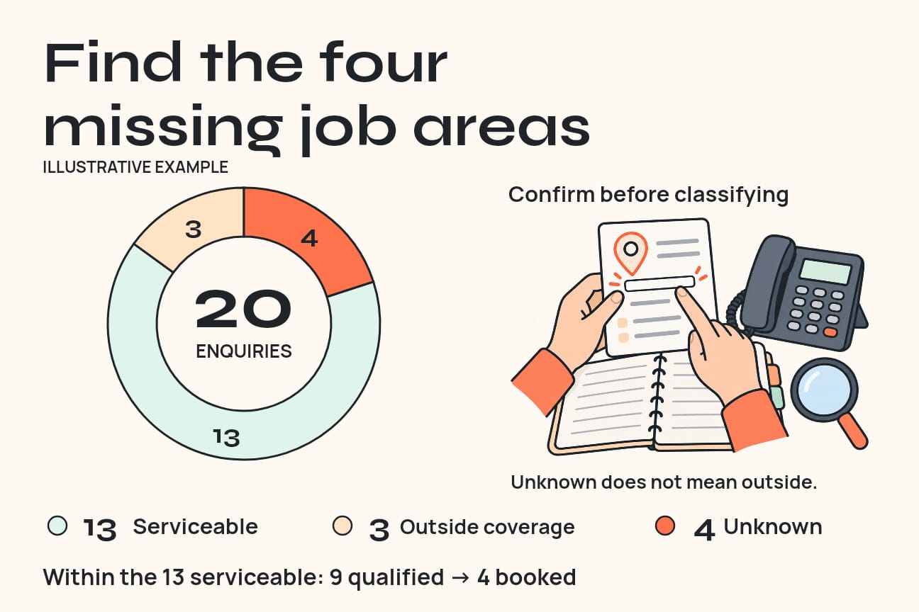 Illustrative enquiry breakdown: 13 serviceable, three outside coverage and four unknown job areas out of 20, beside an intake record being checked.
