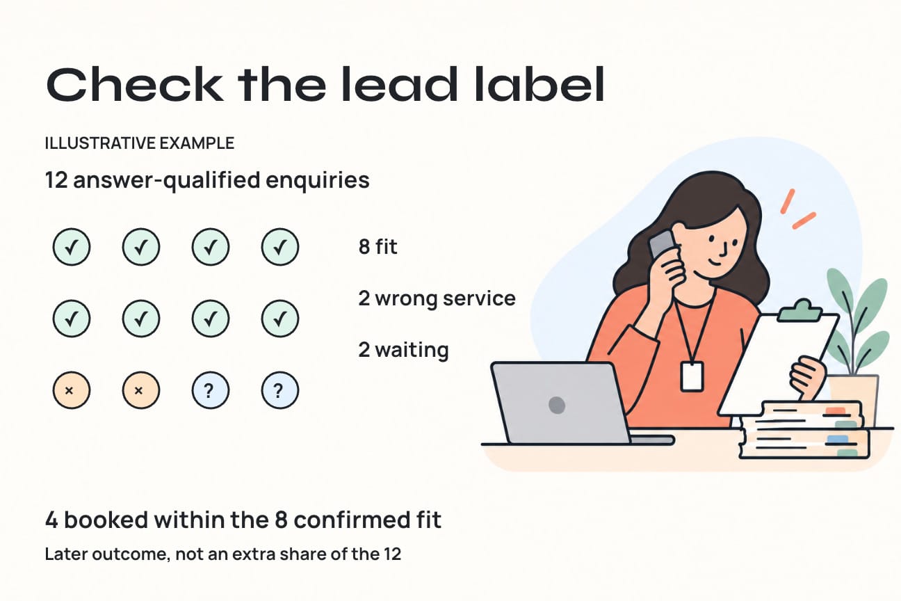 Illustrative cohort of 12 answer-qualified enquiries: eight confirmed fit, two wrong-service requests and two awaiting checks; four bookings are within the eight confirmed fit.