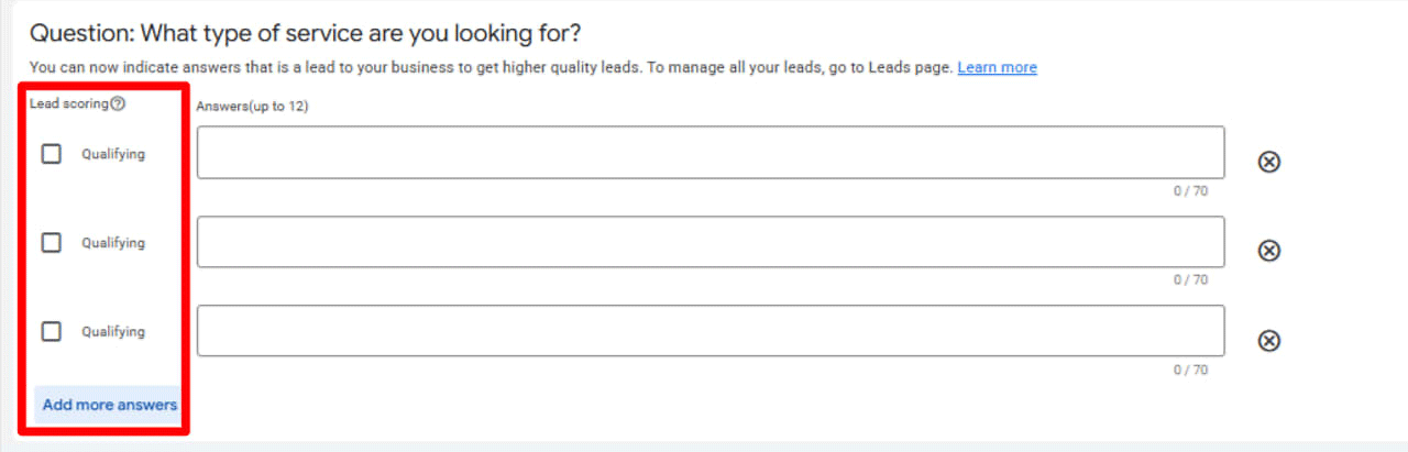 Reported Google Ads custom-question builder with a Qualifying checkbox beside each answer.