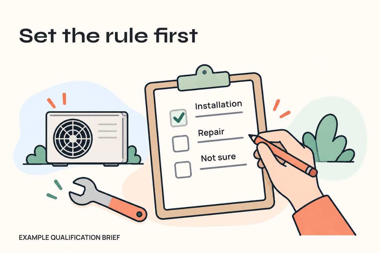 An illustrative service-qualification brief marks installation and leaves repair and uncertain requests for different next steps.
