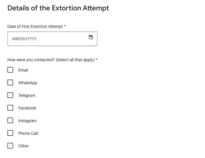 Google Business Profile Help's Merchant Extortion form with a blank first-attempt date and contact-method checkboxes.