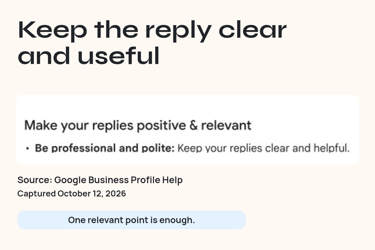 An authentic Google Business Profile Help excerpt recommends professional, clear and helpful review replies.