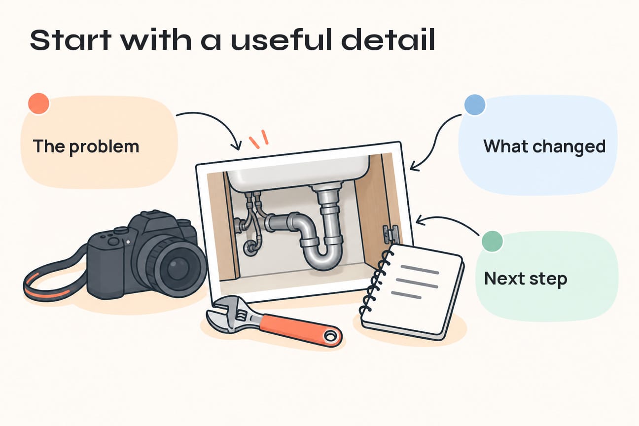 A job photo, camera and notebook organise the problem, what changed and the next customer step.
