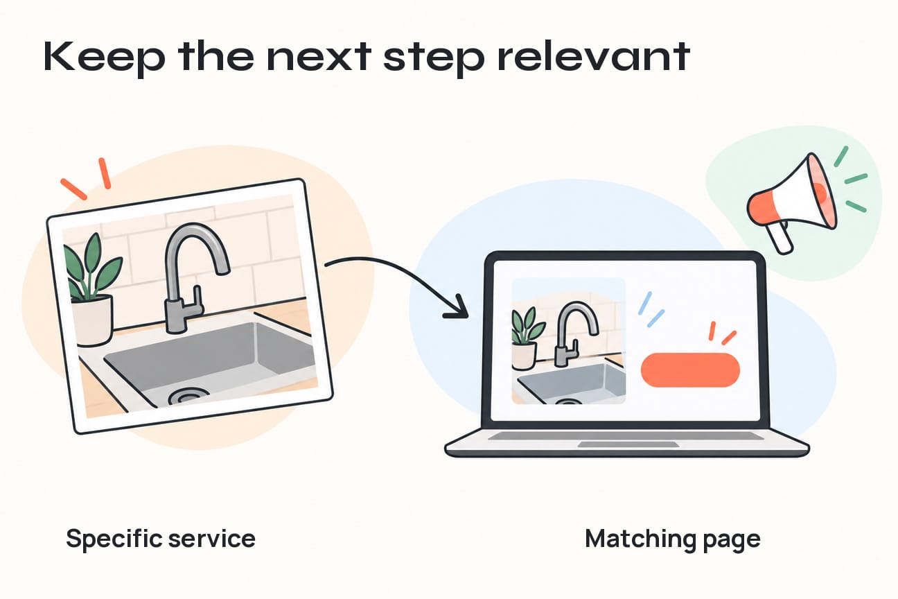 A service-specific job photo connects to a matching service page rather than a generic announcement.
