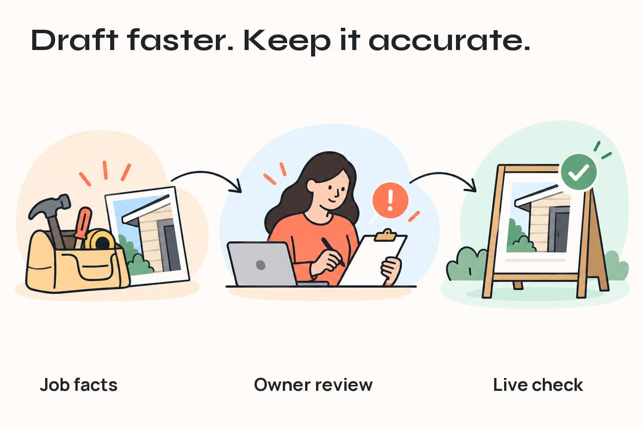 Job facts pass through owner review before a published-post check.
