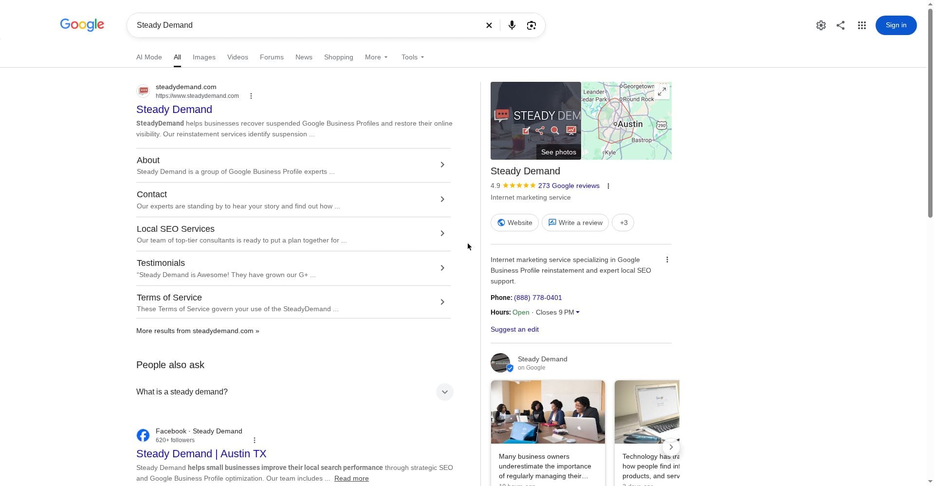 Search Engine Roundtable screenshot of Steady Demand in Google Search, with Google Posts visible beneath the main Business Profile details.