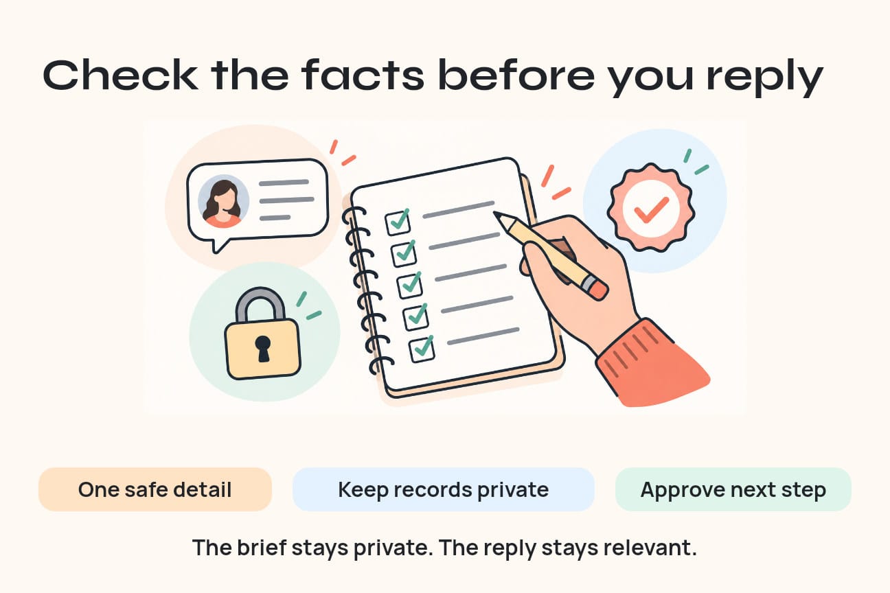 A reply notebook combines a customer’s point, private-information lock and approval check.