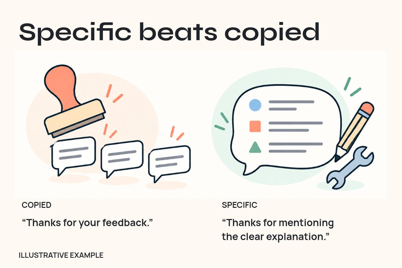 Illustrative comparison of a copied thank-you and a reply acknowledging a clear service explanation.