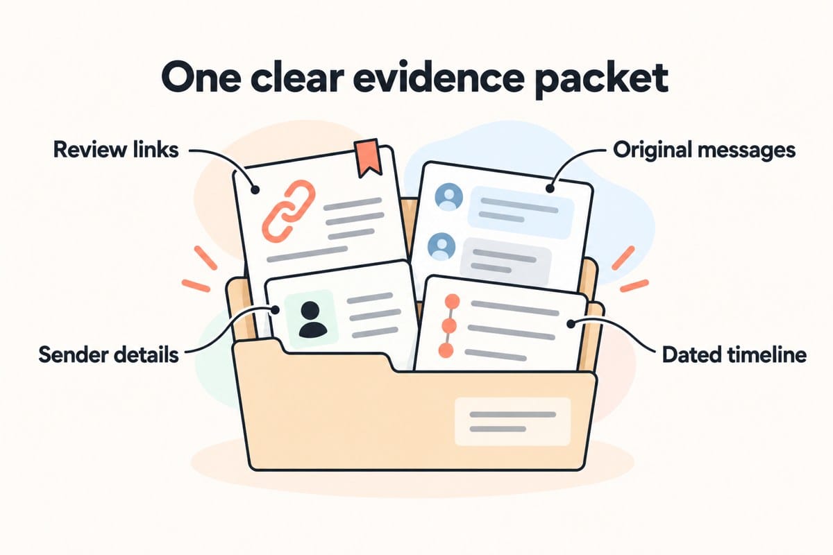 An open folder holding review links, original messages, sender details and a dated timeline, identified by four callouts.