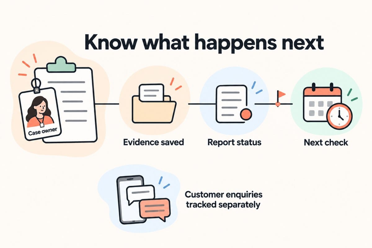 A case-owner clipboard alongside evidence, report-status and next-check milestones, with customer enquiries separated below.