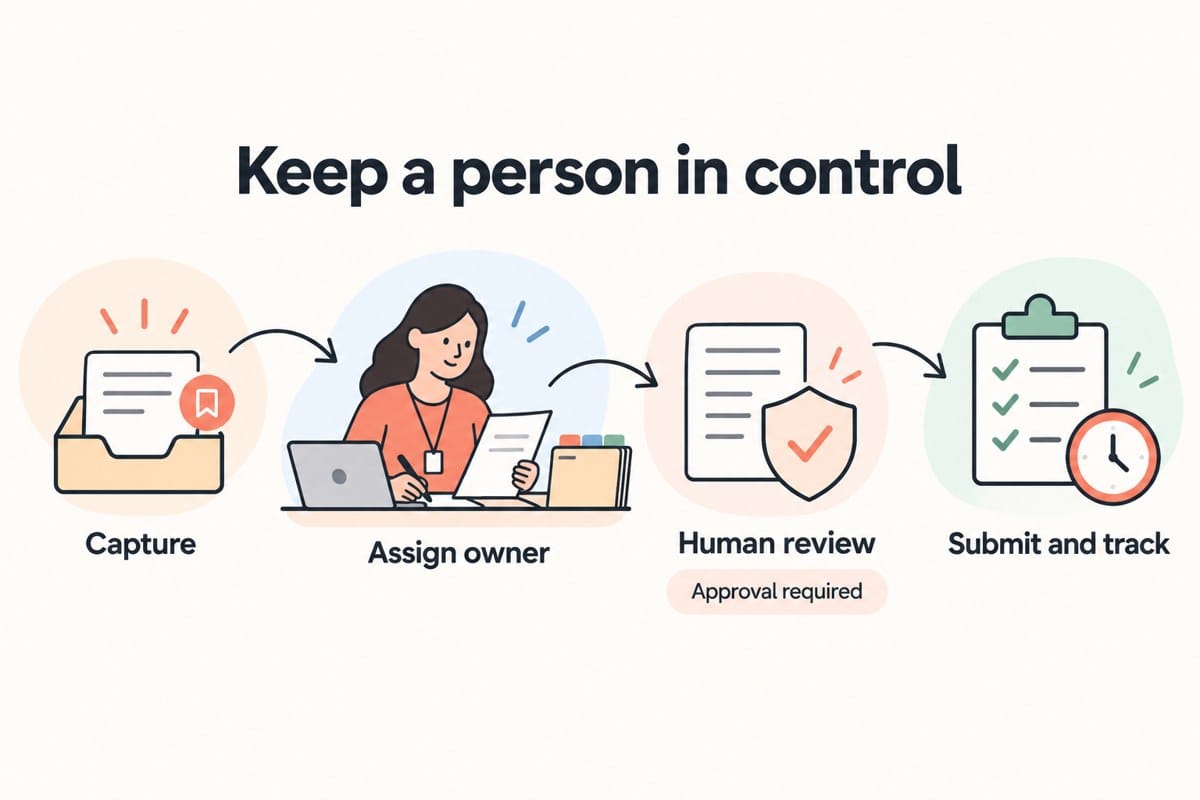 A case coordinator reviews evidence in a curved four-step workflow: capture, assign owner, human review, and submit and track.